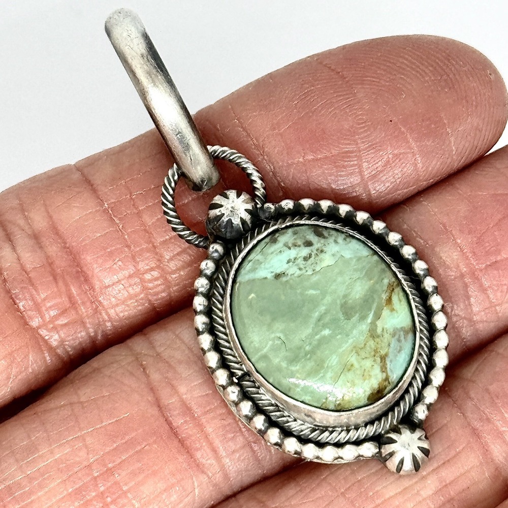 Navajo Sonoran Turquoise‎ Pendant 1.75in Signed A Skeets Oval Sterling Patina